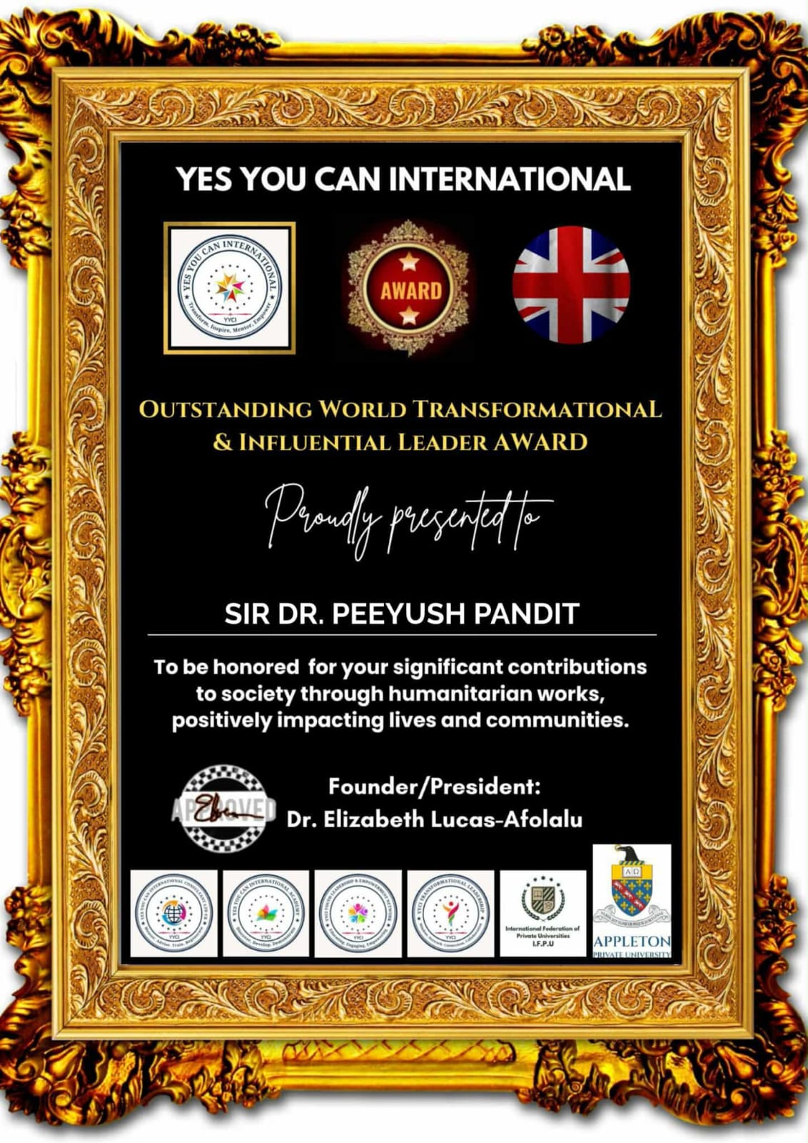 Peeyush Pandit Honored with the “Outstanding World Transformational & Influential Leader Award” by Yes You Can International